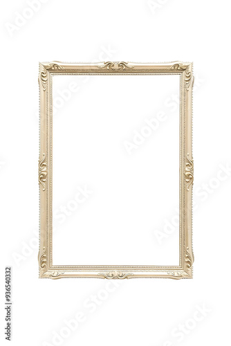 An ornate vintage picture frame with intricate detailing, empty and ready for artwork or a photograph. The frame is light-colored, showcasing its elegant design. Transparent background.