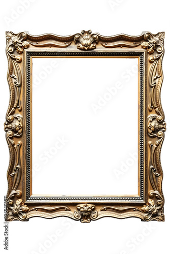 An ornate vintage picture frame with intricate gold detailing and floral motifs, suitable for displaying artwork or photographs. Transparent background.