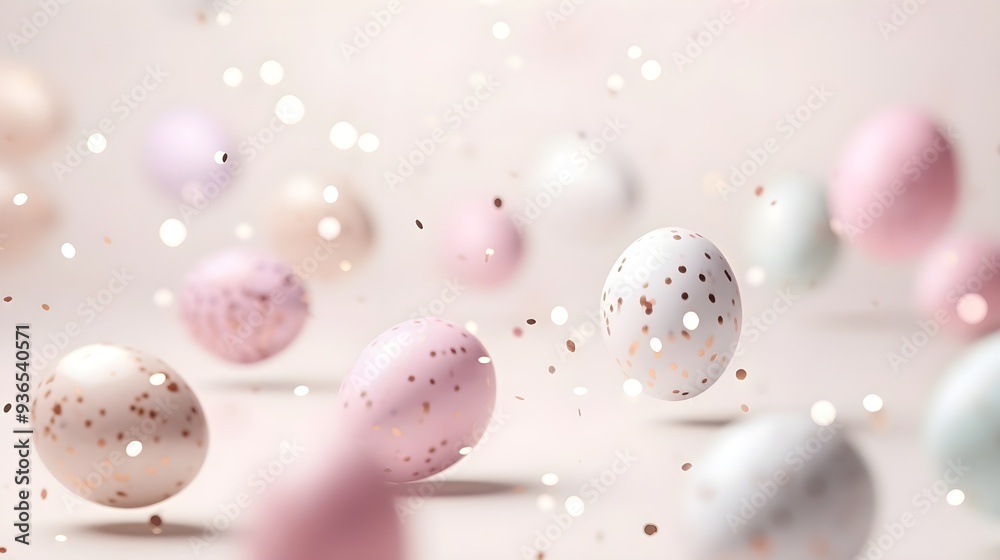 Floating colorful Easter eggs on a bright, soft-focus background. Floating colorful Easter eggs on a bright, soft-focus background.