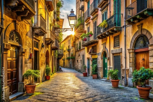 Historic Naples street scene featuring worn cobblestones, ornate lanterns, and vibrant antique buildings with balconies, shutters, and faded facades in warm Mediterranean sunlight.