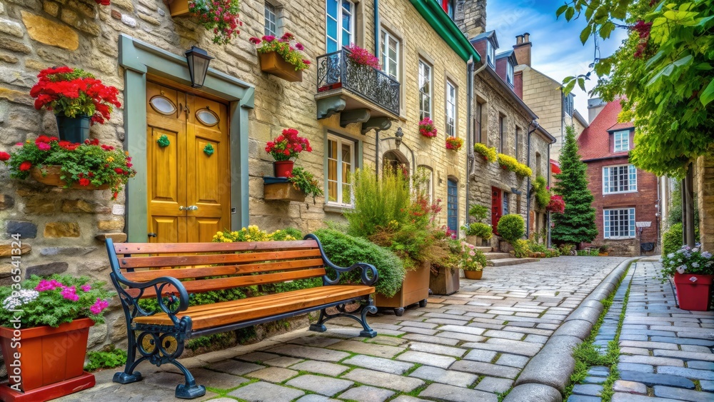 Fototapeta premium Historic Quebec City streetscape featuring a charming bench, flowerpot, and picturesque architecture in the heart of Old Quebec's staging area.