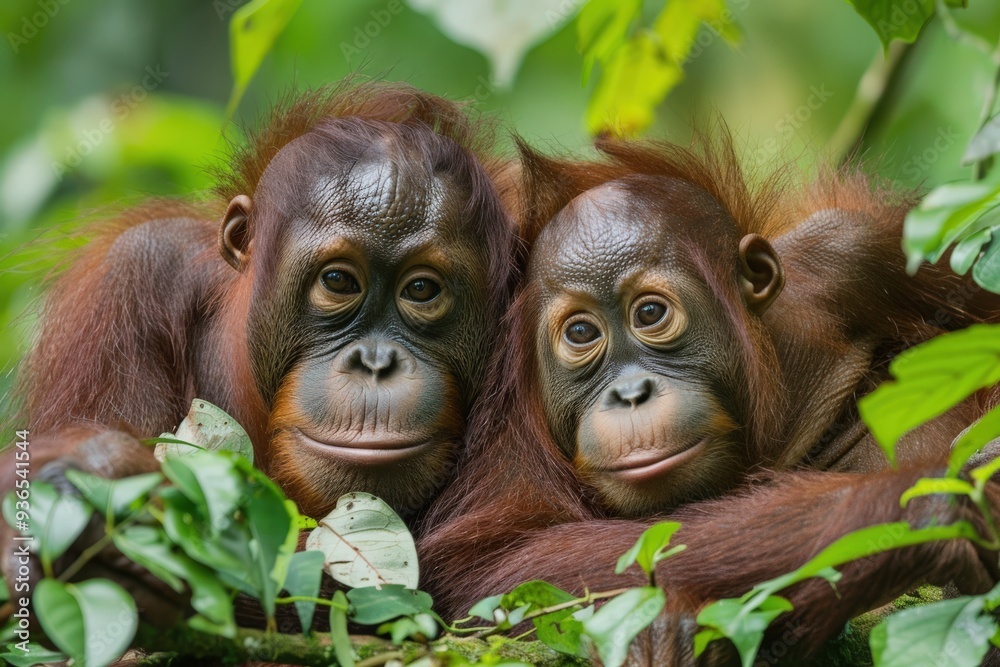 Fototapeta premium Wild Orangutans in Borneo: Endangered Primates of the Indonesian Rainforest