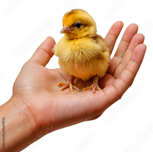 Small chick in the palm of a woman's hand. photo