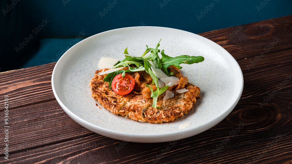 Fried breaded chicken fillet with stewed vegetables, parmesan cheese and arugula. Fried breaded chicken fillet with stewed vegetables, parmesan cheese and arugula.