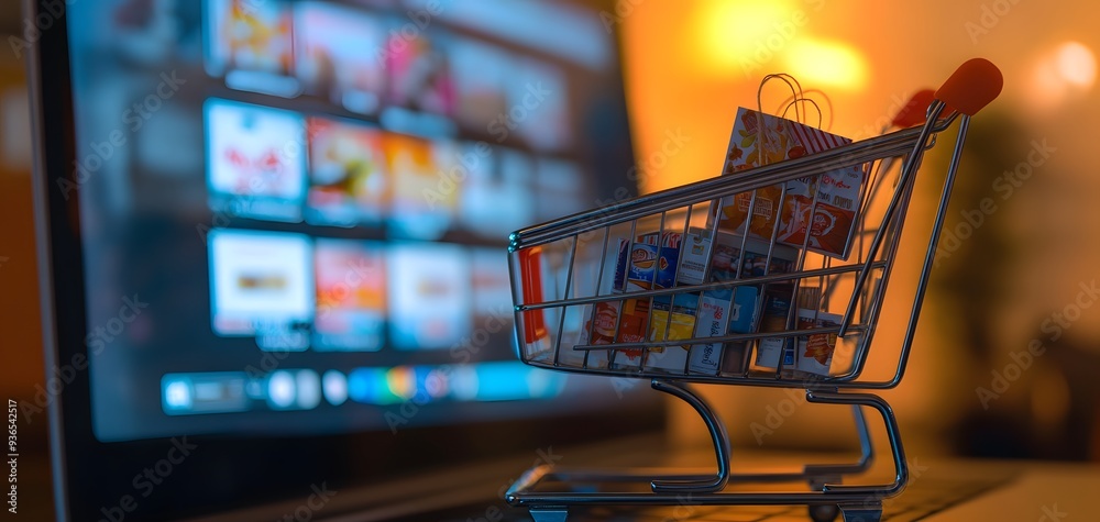 A miniature shopping cart filled with boxes standing in front of a laptop screen displaying various products. E-commerce concept. A miniature shopping cart filled with boxes standing in front of a laptop screen displaying various products. E-commerce concept.