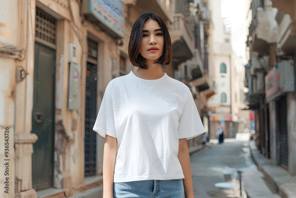 A young Asian woman stands confidently in a narrow urban street, wearing a white t-shirt and denim jeans, surrounded by charming architecture. A young Asian woman stands confidently in a narrow urban street, wearing a white t-shirt and denim jeans, surrounded by charming architecture.