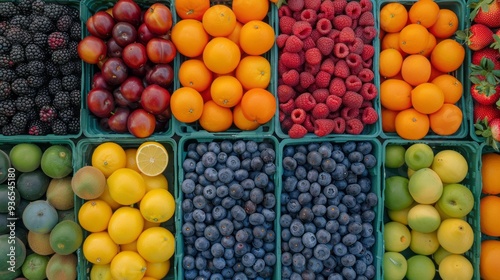 At a bustling outdoor market, a colorful assortment of freshly picked fruits invites passersby. Juicy berries, citrus, and more create a delightful feast for the senses