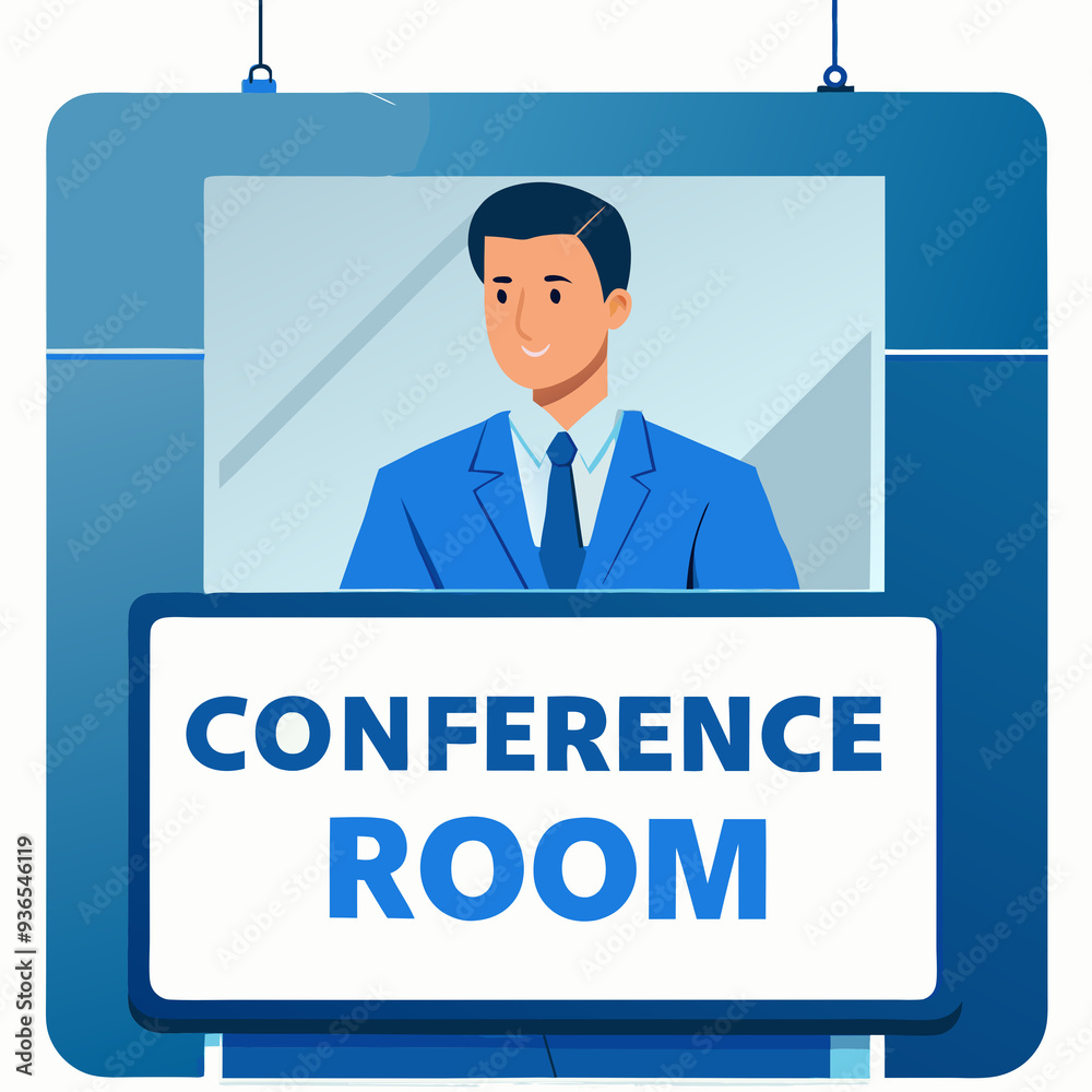 Conference Room Sign with Smiling Businessman Portrait in Blue Corporate Style Conference Room Sign with Smiling Businessman Portrait in Blue Corporate Style