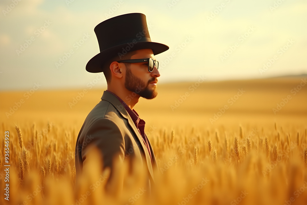 portrait of a hipster with a top hat in a wheat field portrait of a hipster with a top hat in a wheat field