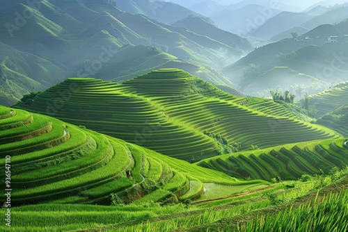 Vietnam Landscape. Terraced Rice Fields in Mu Cang Chai, YenBai. Agriculture and Greenery in Northern Vietnam