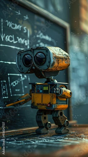 Cute robot is writing on a chalkboard