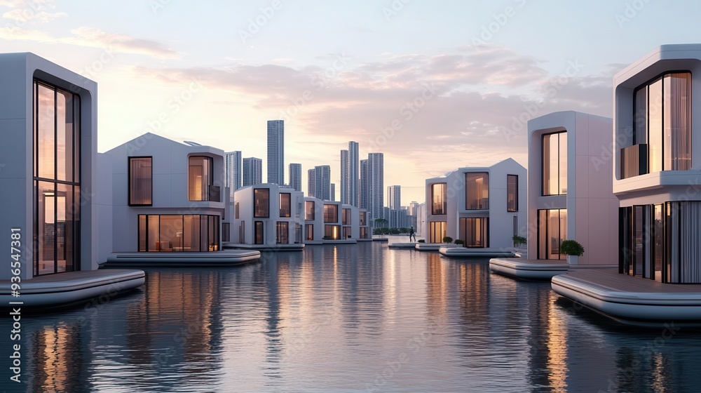 Fototapeta premium A floating urban complex designed to adapt to climate change, using advanced sustainable technology, urban development, sustainability, technological advancement