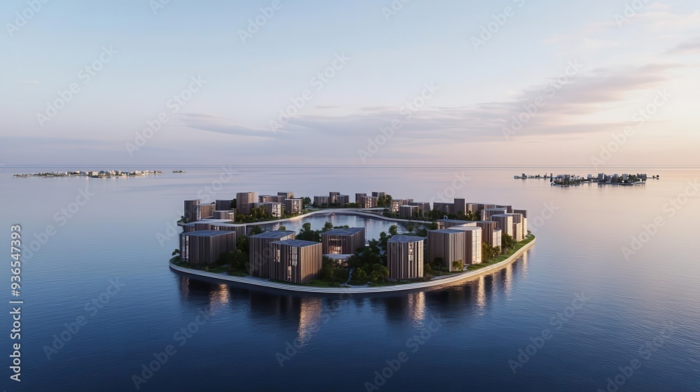 Fototapeta premium A floating urban complex designed to adapt to climate change, using advanced sustainable technology, urban development, sustainability, technological advancement