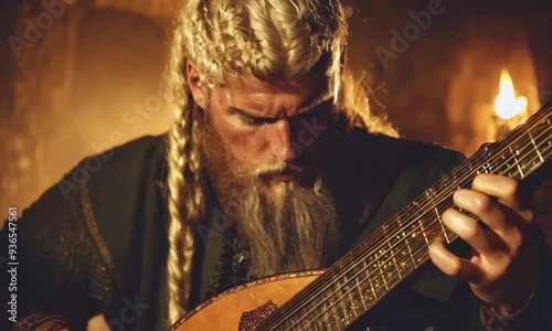 Norse Skaldic Bard in a Viking Hall, Strumming a Guitar and Singing Epic Tales of Heroism photo