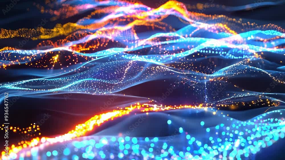 A vibrant display of flowing blue and orange light waves, creating an abstract background of digital energy and motion.