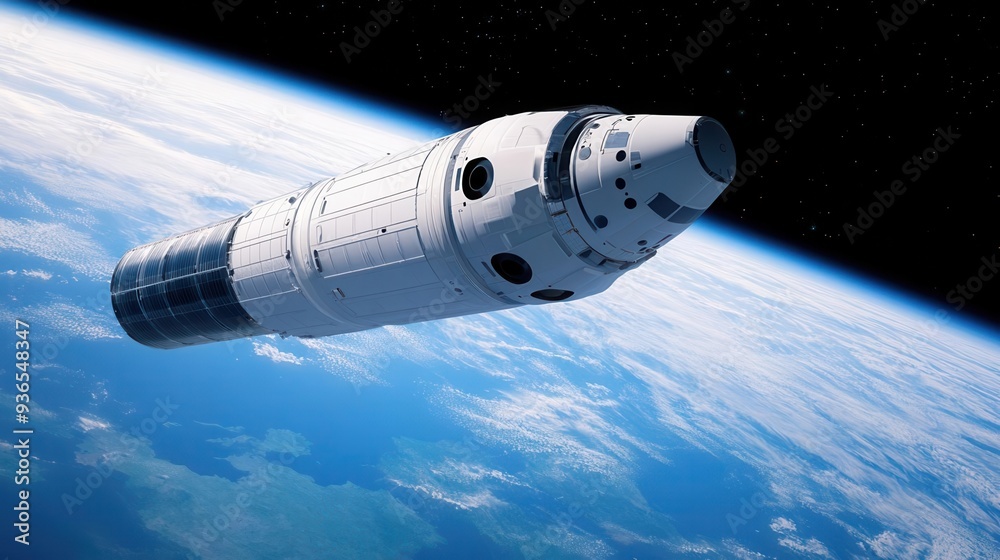 Fototapeta premium An advanced spacecraft designed for long-term missions, ensuring Earth s safety while exploring deep space, space exploration, Earth defense, technological innovation