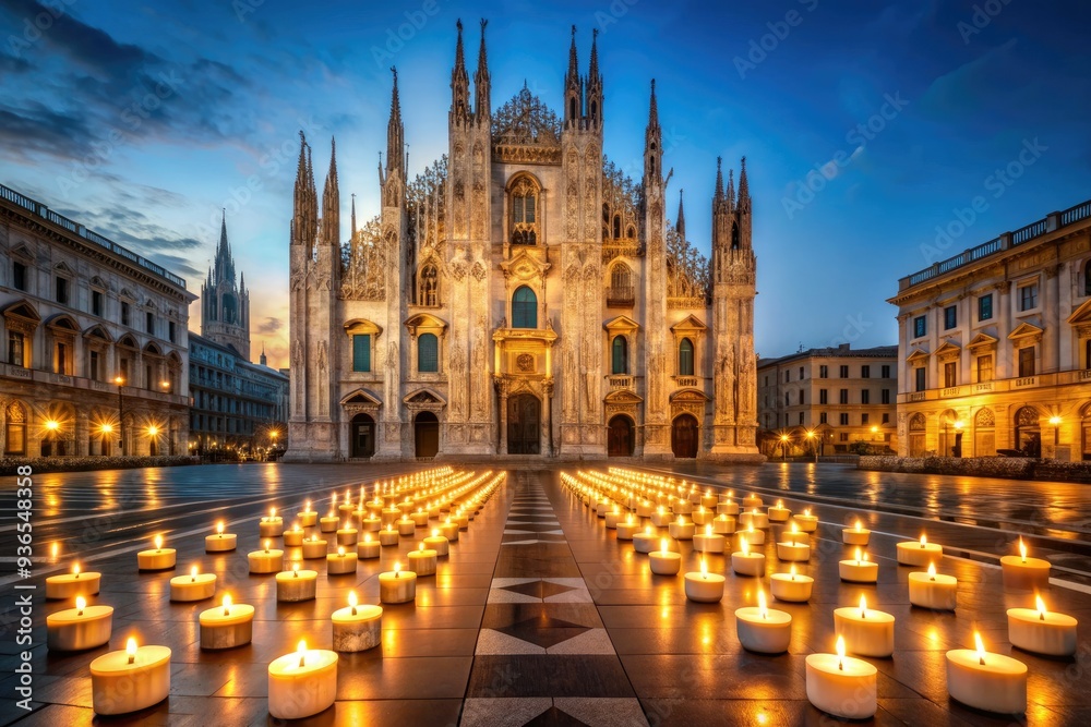 Inside the majestic Metropolitan Cathedral-Basilica of Saint Mary in Milan, soft candlelight illuminates the walls, creating a serene atmosphere in the historic Italian cathedral. Inside the majestic Metropolitan Cathedral-Basilica of Saint Mary in Milan, soft candlelight illuminates the walls, creating a serene atmosphere in the historic Italian cathedral.