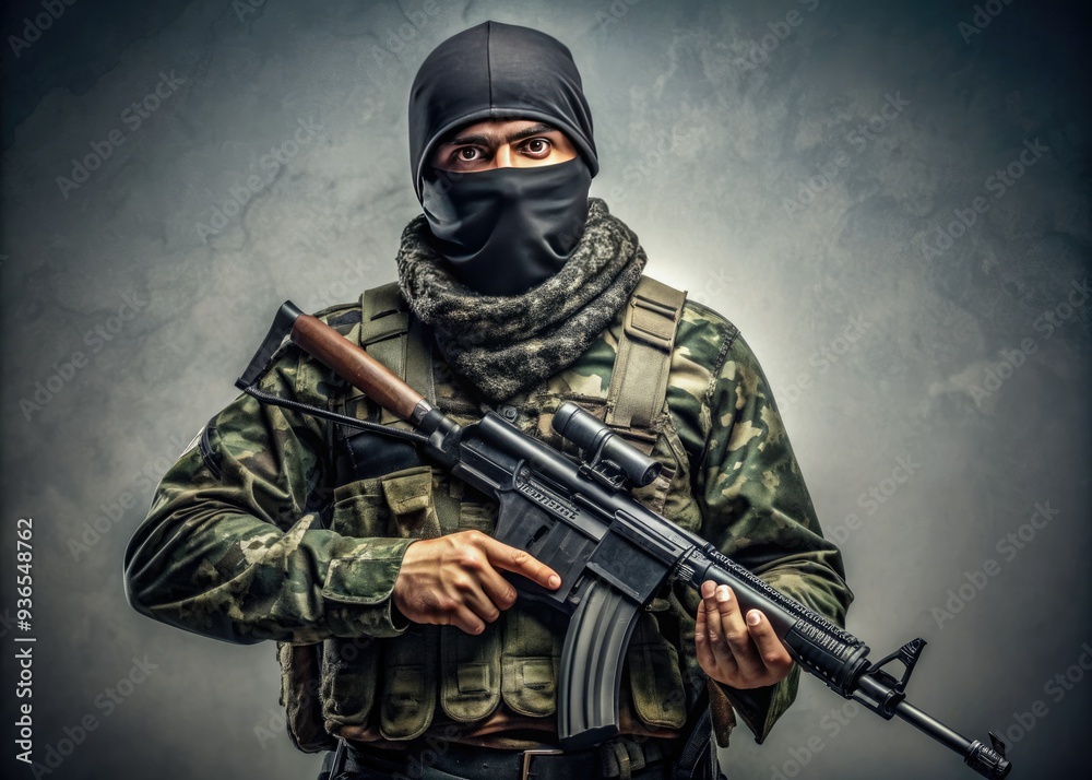 Intense militant figure clad in camouflage fatigues and black mask, grasping a rifle, stands assertively against a muted gray background, exuding strength and determination. Intense militant figure clad in camouflage fatigues and black mask, grasping a rifle, stands assertively against a muted gray background, exuding strength and determination.