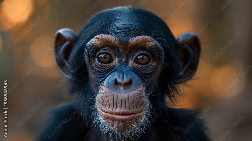 A young chimpanzee gazes intently at the camera in a soft, blurred natural setting during the late afternoon light, capturing a moment of curiosity and playfulness A young chimpanzee gazes intently at the camera in a soft, blurred natural setting during the late afternoon light, capturing a moment of curiosity and playfulness