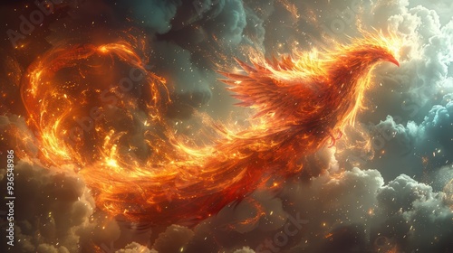 Whale-Phoenix-Owl: Majestic Creature Soaring Above Tranquil Ocean at Dawn, with Fiery Wings and Wise Piercing Eyes