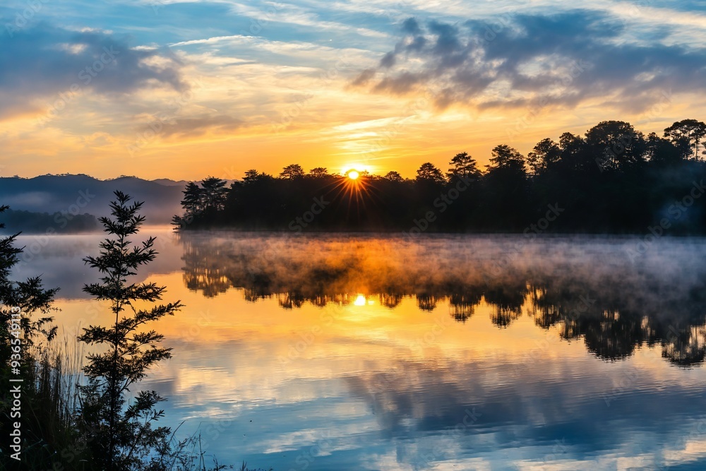 A serene scene with the sun dipping below the water's surface, creating a warm glow on the lake A serene scene with the sun dipping below the water's surface, creating a warm glow on the lake