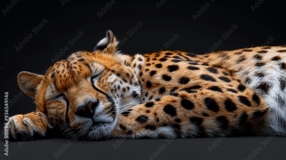 Obraz premium A resting leopard peacefully sleeps against a dark background, showcasing its majestic coat and serene expression