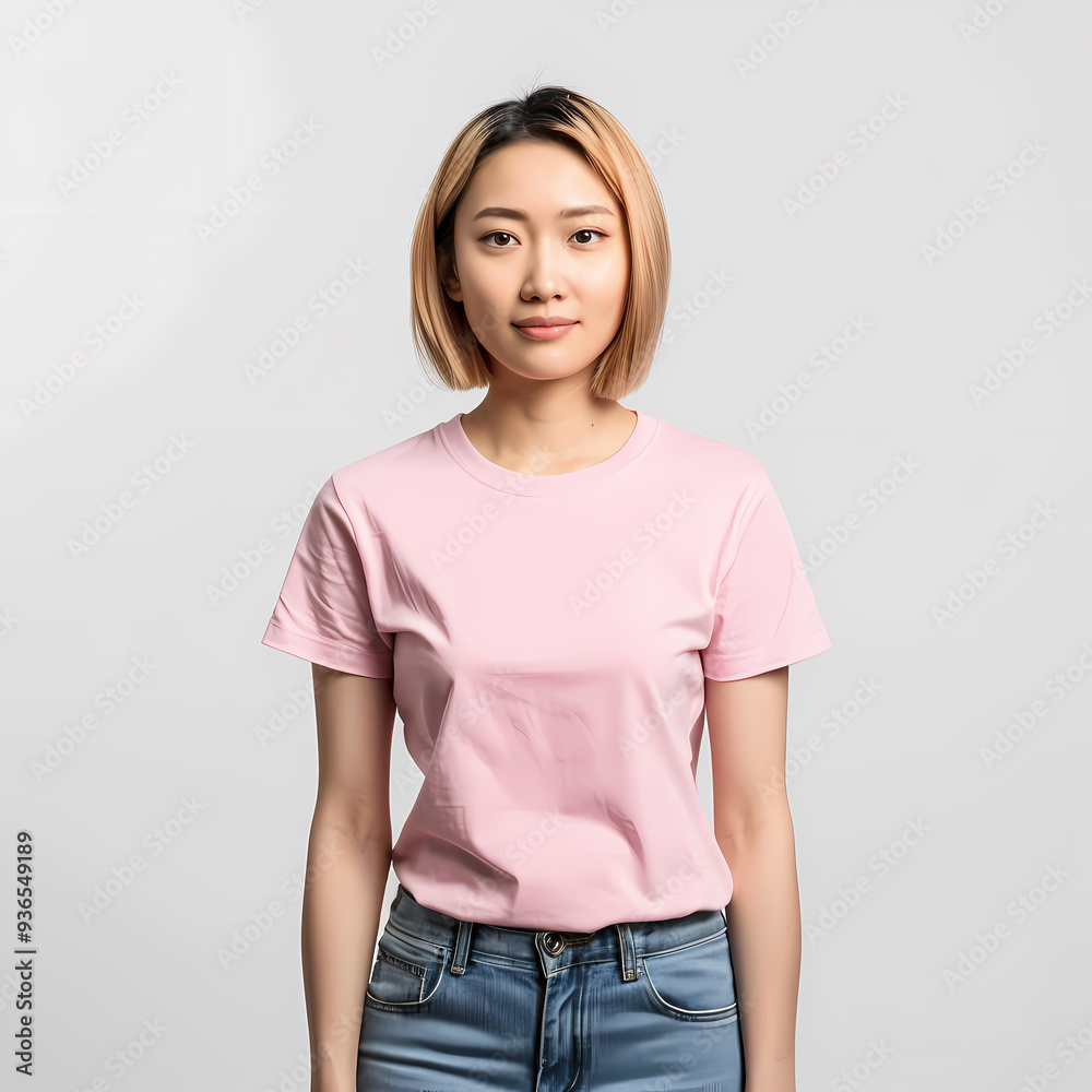 A confident young Asian woman with short hair stands against a neutral background, wearing a pink t-shirt and jeans, exuding a calm demeanor. A confident young Asian woman with short hair stands against a neutral background, wearing a pink t-shirt and jeans, exuding a calm demeanor.