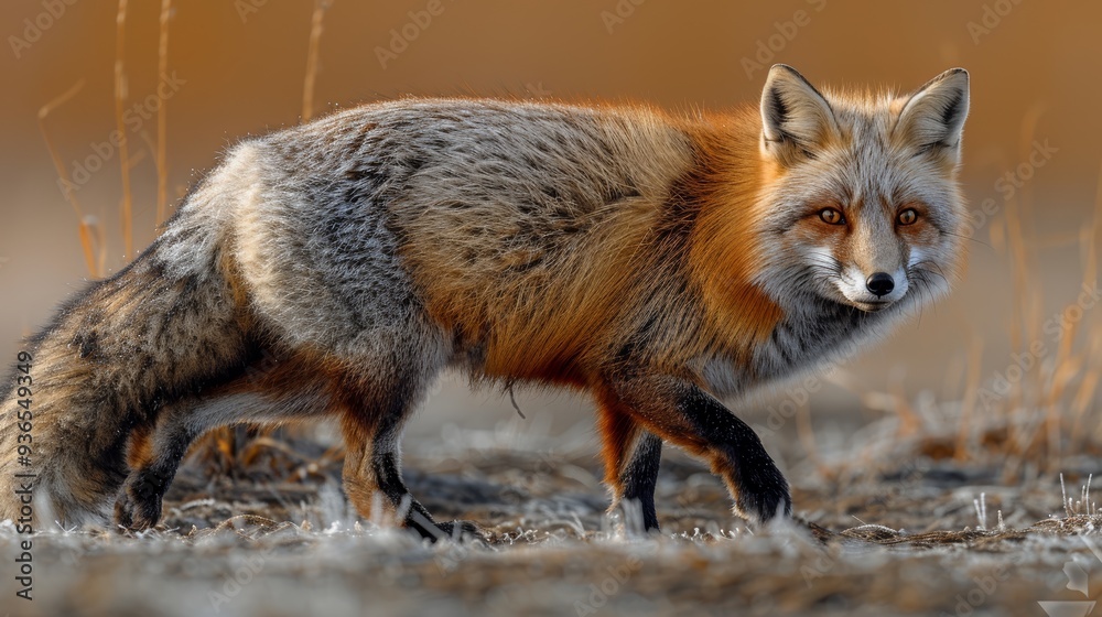 A red fox walks gracefully through a grassy landscape during the golden hour, showcasing its striking fur and keen gaze in a natural setting A red fox walks gracefully through a grassy landscape during the golden hour, showcasing its striking fur and keen gaze in a natural setting