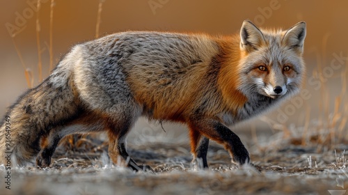 A red fox walks gracefully through a grassy landscape during the golden hour, showcasing its striking fur and keen gaze in a natural setting