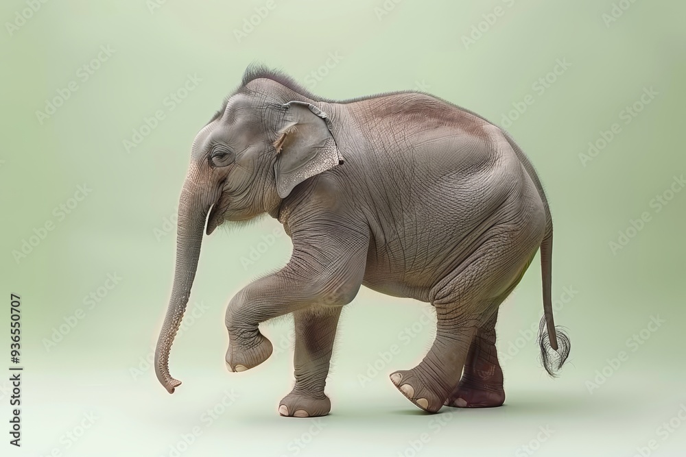 Playful Young Asian Elephant Walking on Green Background Full-Length Studio Portrait Playful Young Asian Elephant Walking on Green Background Full-Length Studio Portrait