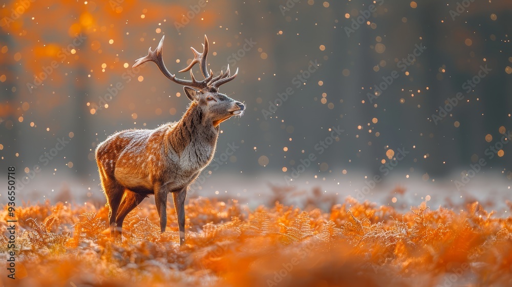A majestic deer stands in a sunlit forest clearing surrounded by vibrant orange ferns during autumn, capturing the essence of nature's beauty in a tranquil moment