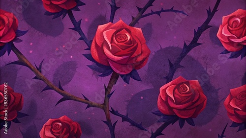 Red roses on thorny branches against purple background representing beauty and danger