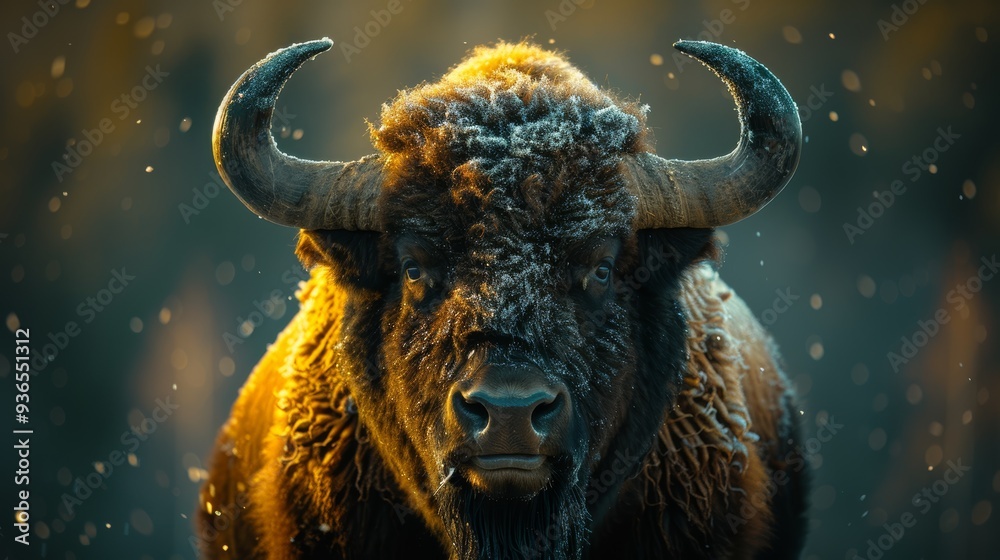A majestic bison standing in a snow-dusted landscape during a serene winter morning in North America, showcasing the strength and beauty of wildlife A majestic bison standing in a snow-dusted landscape during a serene winter morning in North America, showcasing the strength and beauty of wildlife