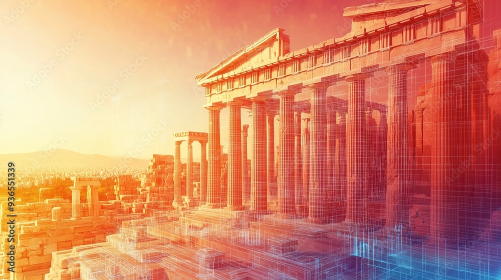 Obraz premium Digital representation of the Parthenon at sunset over Athens, showcasing ancient architecture and modern design elements