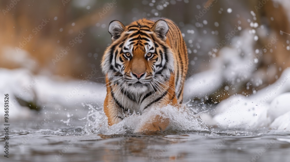 Obraz premium A majestic tiger strides through a snowy river in a serene forest during winter, displaying its powerful presence in nature and the beauty of its habitat