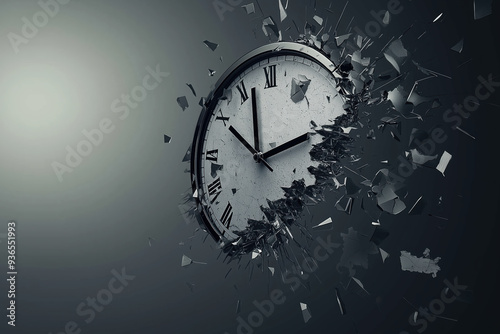 A clock with roman numerals is shattered into pieces