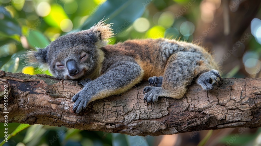 Fototapeta premium A koala peacefully sleeping on a tree branch in a lush Australian forest during the afternoon, enjoying its natural habitat and serene surroundings