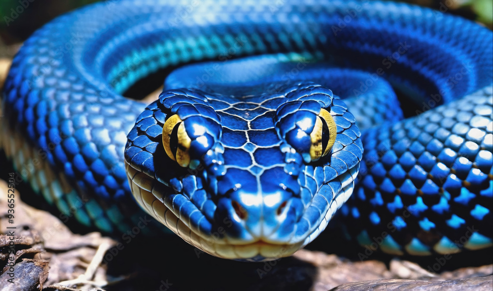 Fototapeta premium A blue snake with yellow eyes stares intensely at the camera
