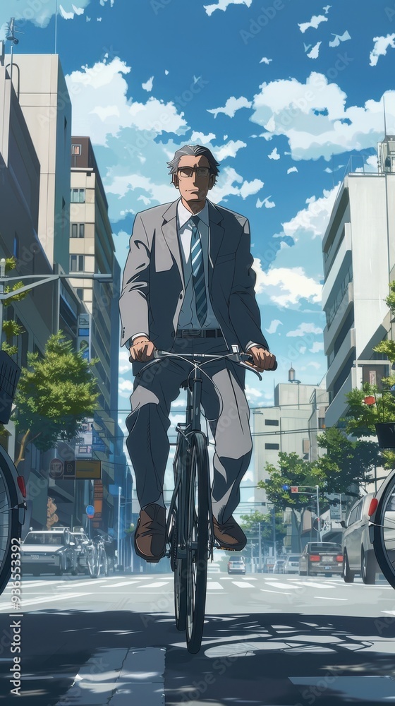A determined businessman pedals his bicycle along a busy city street, surrounded by modern buildings and bright blue skies A determined businessman pedals his bicycle along a busy city street, surrounded by modern buildings and bright blue skies