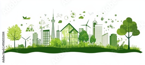 Green city concept with eco friendly buildings, wind turbines, and trees for a sustainable future.