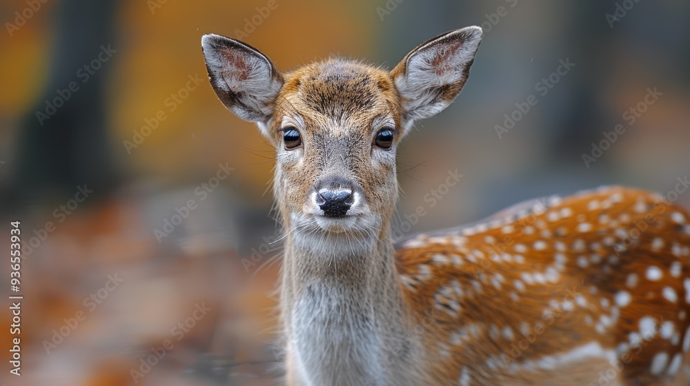 Fototapeta premium A young deer with distinctive spots stands alert in a forest with colorful autumn foliage during daylight hours