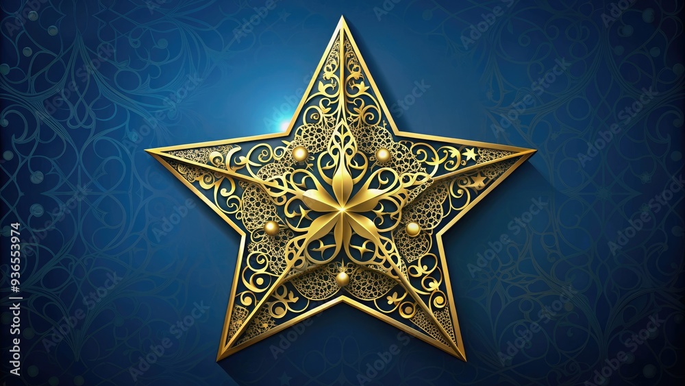 Fototapeta premium Intricately designed ornate star with delicate filigree patterns and shimmering gold accents, set against a dark blue background with subtle gradient and texture.