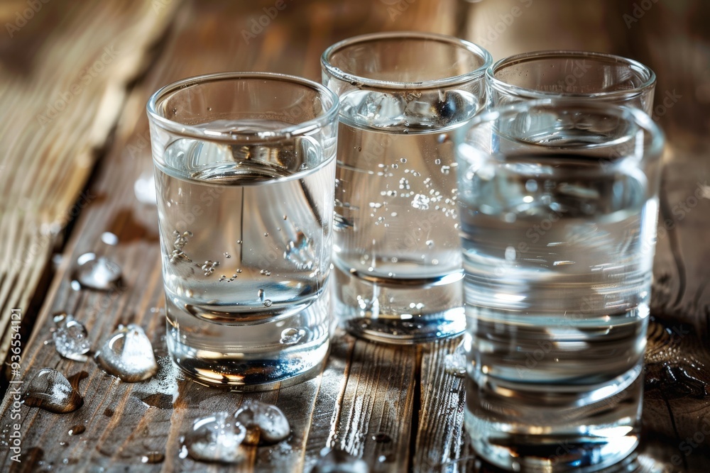 Vodka Shot Glasses on Rustic Wood Background: Cold Drink with Tonic Vodka Shot Glasses on Rustic Wood Background: Cold Drink with Tonic