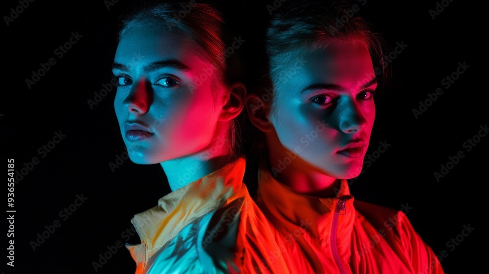 fashion portrait of a couple, bioluminescent clothing,