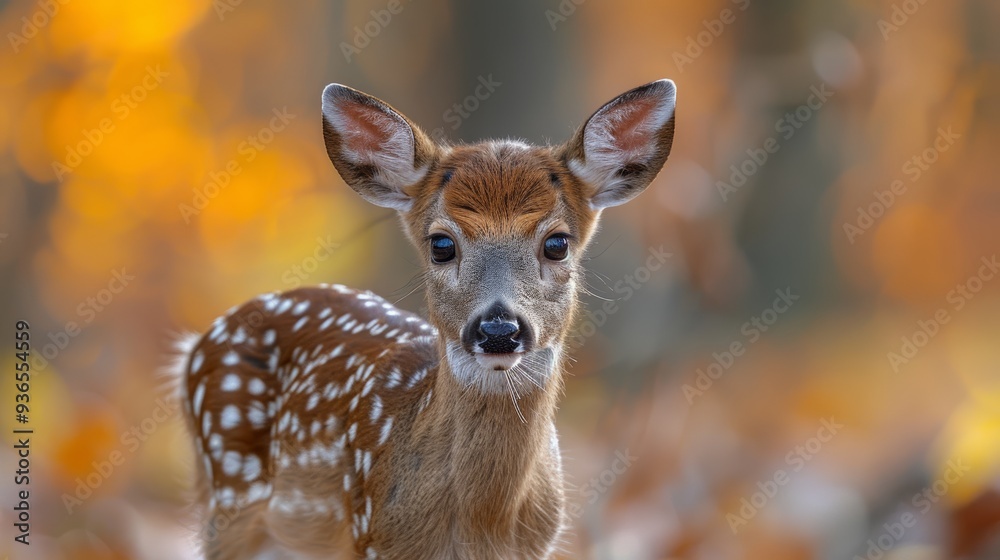 A young deer stands among autumn leaves, showcasing its spots and curious expression in a serene forest setting during early morning light A young deer stands among autumn leaves, showcasing its spots and curious expression in a serene forest setting during early morning light