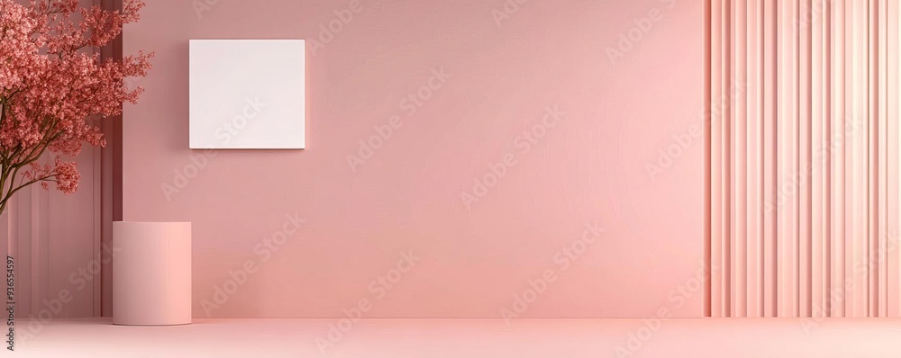 Soft blush background with a single white square in the top left corner, minimalist design, clean focus