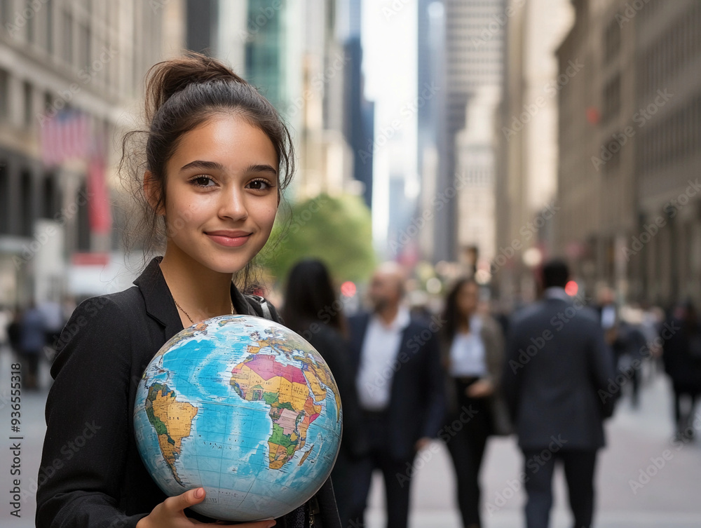 young activist holding a globe in a busy urban street, surrounded by people in business attire, juxtaposition of innocence and modern life young activist holding a globe in a busy urban street, surrounded by people in business attire, juxtaposition of innocence and modern life