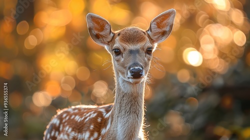 A young fawn stands in a forest during autumn, surrounded by colorful leaves and soft sunlight creating a warm and inviting atmosphere