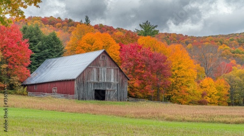 Vermont Barn. Scenic Rural Landscape with Bragg Barn in Waitsfield During Foliage Season photo