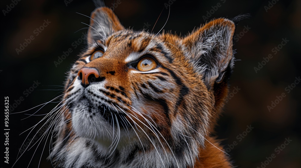 A majestic tiger gazes thoughtfully upward in a tranquil forest setting, highlighting its distinct facial markings and vibrant fur on a serene afternoon